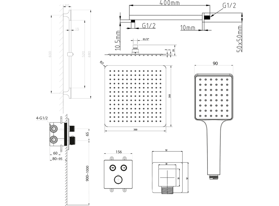 Sapho SMART SELECT podomietkový sprchový set s termostatickou batériou, 2 výstupy, posuvný držiak sprchy, chróm RP042-02