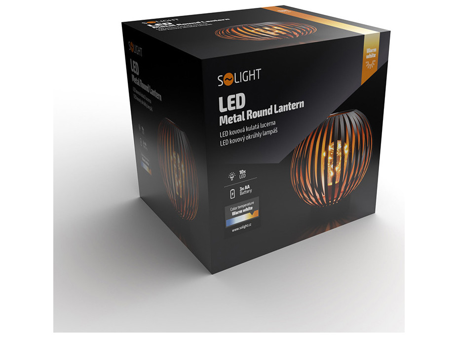 Solight kovový okrúhly lampáš so žiarovkou s micro LED, teplá biela, medená, 3xAA, 19cm