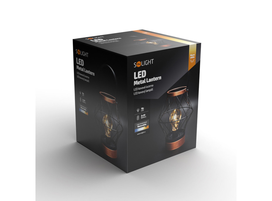 Solight kovový lampáš so žiarovkou s micro LED, teplá biela, 3xAA, 20cm