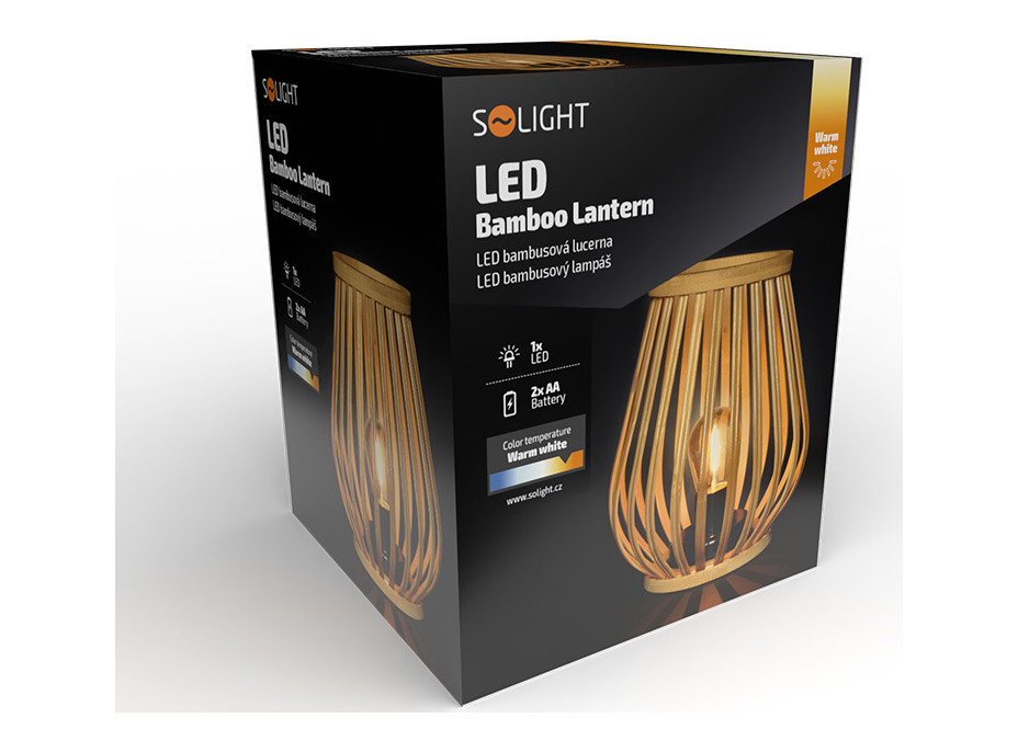 Solight bambusový lampáš s LED žiarovkou, teplá biela, 2x AA, 20cm