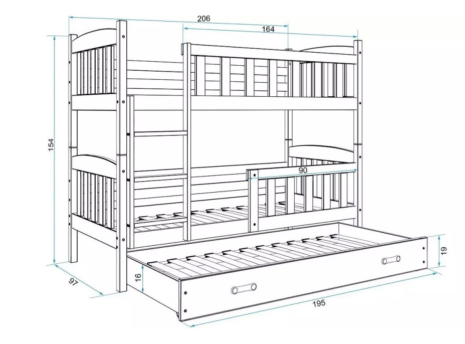 Detská poschodová posteľ KUBÍK s prístelkou 200x90 cm - biela