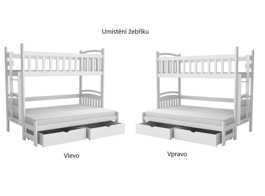 Detská poschodová posteľ z masívu borovice s rozšíreným spodným lôžkom LUKÁŠ so šuplíkmi - 200x90/140 cm - BIELA