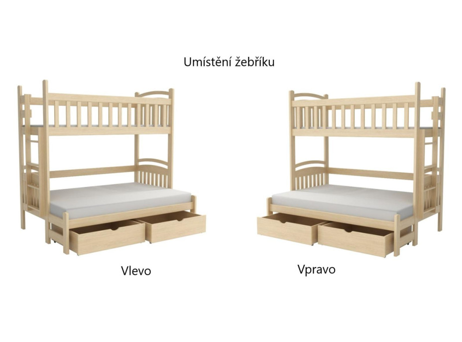 Detská poschodová posteľ z masívu borovice s rozšíreným spodným lôžkom LUKÁŠ so šuplíkmi - 200x90/140 cm - PRÍRODNÁ BOROVICA