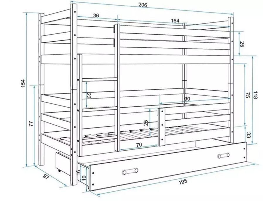 Detská poschodová posteľ ERIK so šuplíkom 200x90 cm - biela [CLONE]