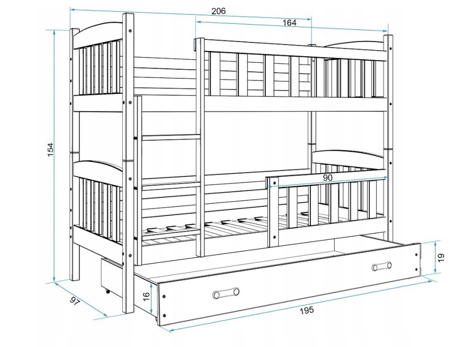 Detská poschodová posteľ KUBÍK so šuplíkom 200x90 cm - biela