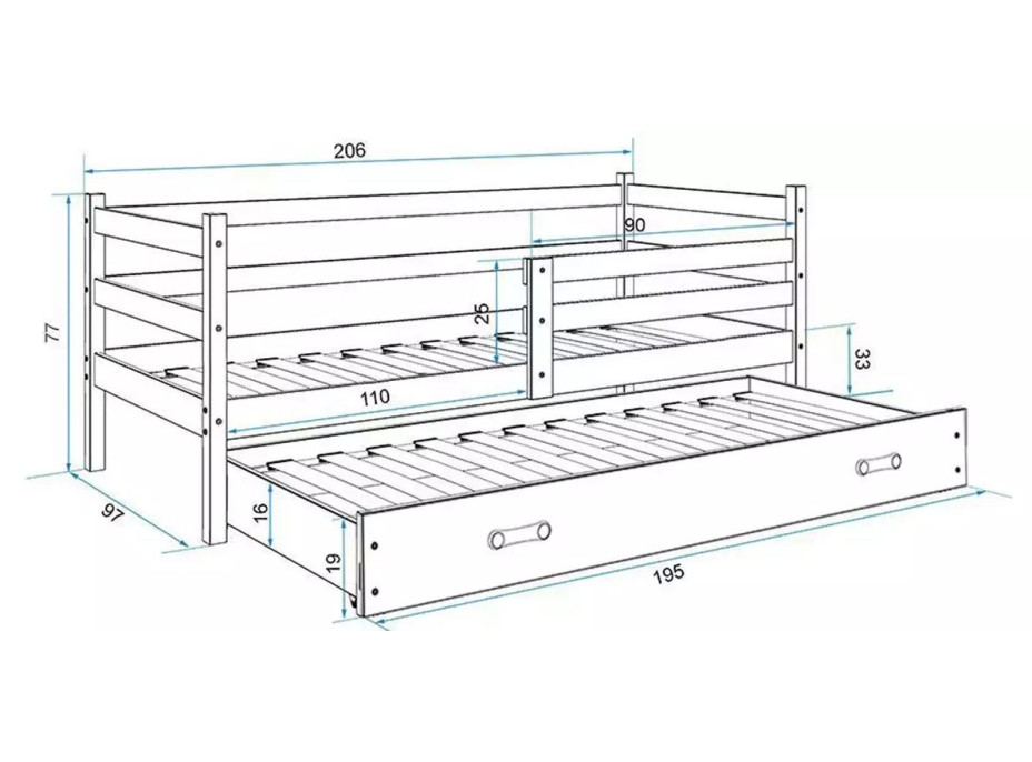 Detská posteľ ERIK s prístelkou 200x90 cm - biela