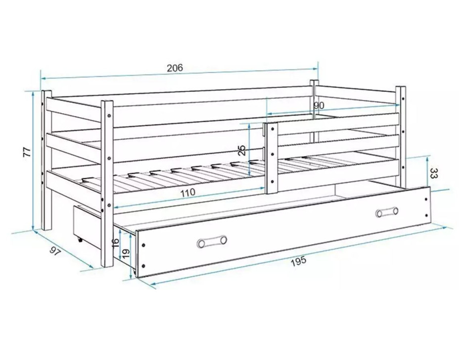 Detská posteľ ERIK so šuplíkom 200x90 cm - biela