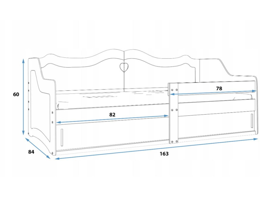 Detská srdiečková posteľ JULIETA s úložným priestorom 160x80 cm - biela