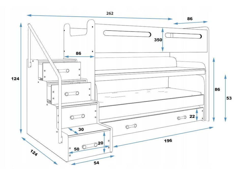 Detská vyvýšená poschodová posteľ s písacím stolom a prístelkou MAXÍK 1 200x80 cm - biela + matrac ZADARMO