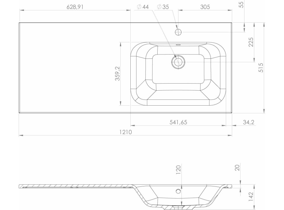 Sapho LOREA skrinka s umývadlom 121x46x51, 5cm (30+90cm), pravá, dub alabama/biela mat LE090-2231-R-02