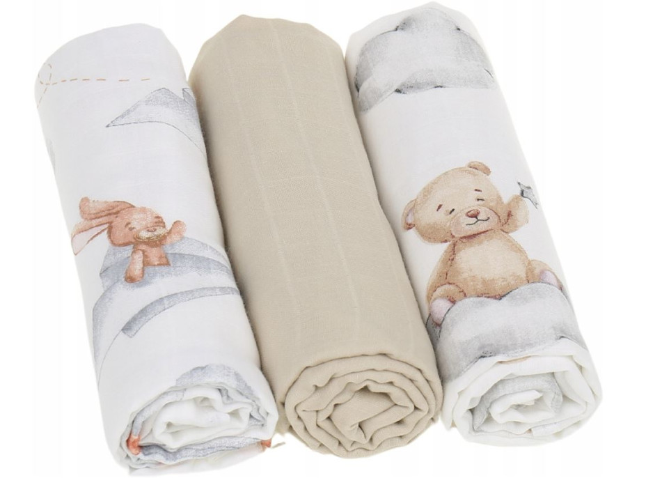 Detské mušelínové plienky BABYMAM PREMIUM 60x75 cm - súprava 3 ks - V oblakoch