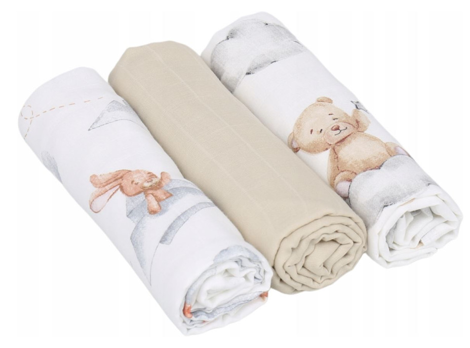 Detské mušelínové plienky BABYMAM PREMIUM 60x75 cm - súprava 3 ks - V oblakoch