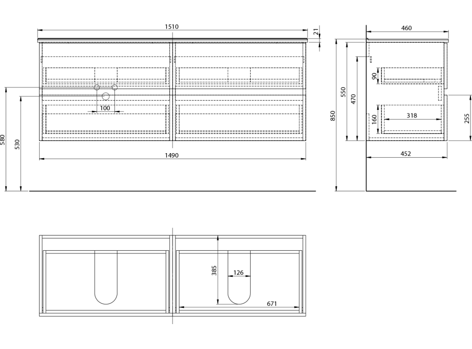 Aqualine PANEDA umývadlová skrinka 149x55x45, 2cm, biela PN215