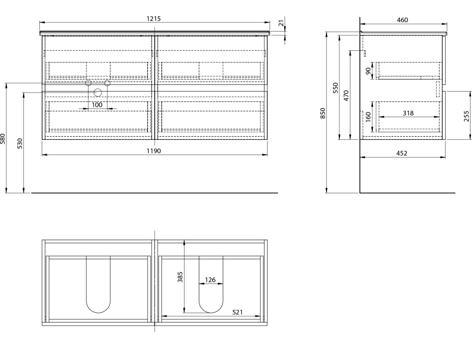 Aqualine PANEDA umývadlová skrinka 119x55x45, 2cm, biela PN212