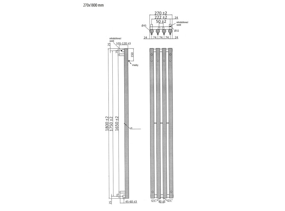 Sapho PILON vykurovacie teleso 270x1800mm, so štyrmi háčikmi pre uterák, čierna mat IZ122T