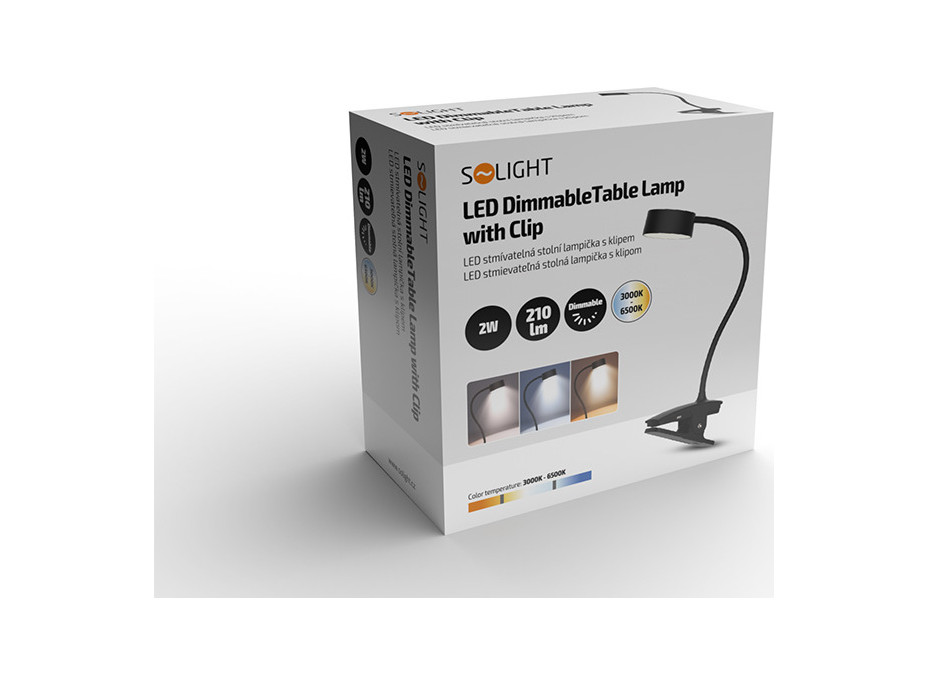 Solight LED stolná nabíjacia lampička, 2W, 210lm, 3CCT, čierna, clip