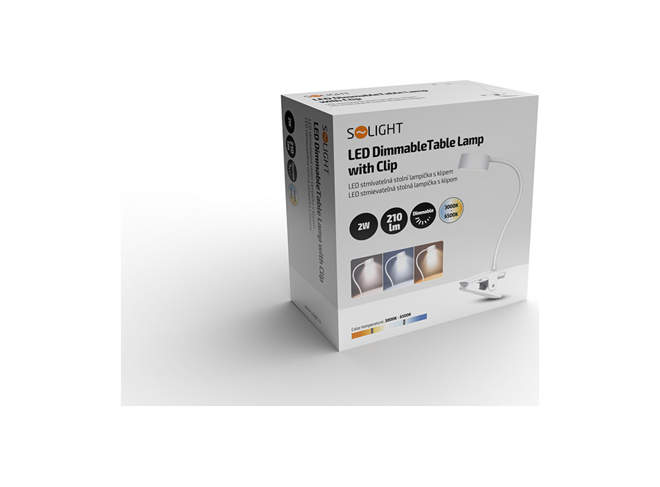 Solight LED stolná nabíjacia lampička, 2W, 210lm, 3CCT, biela, clip