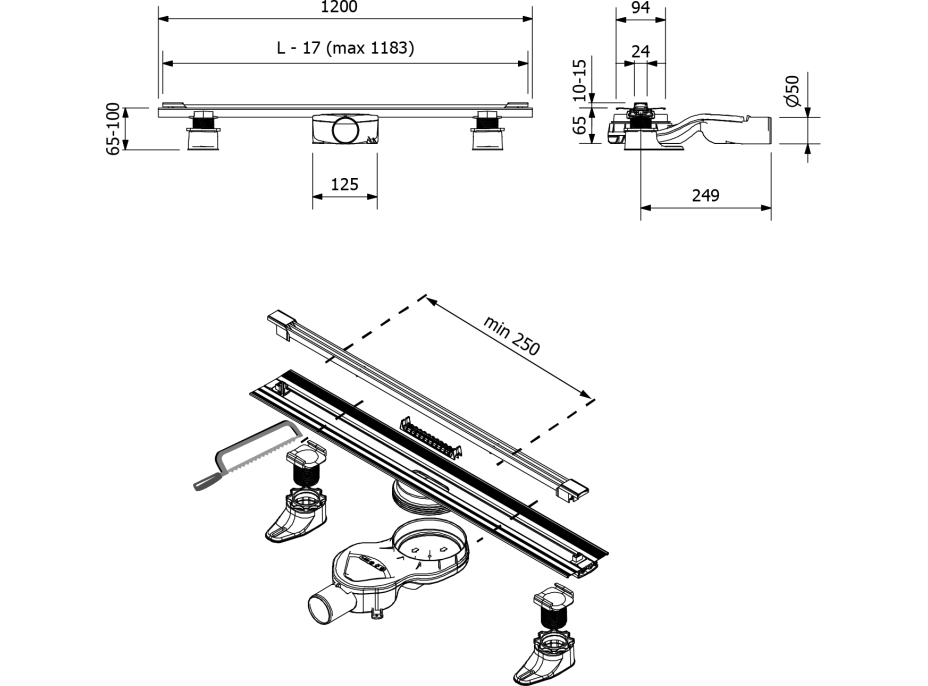 Polysan SLIM SPRING nerezový podlahový žľab s roštom, L-250-1200, DN50 SV120