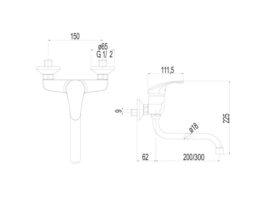 Drezová nástenná batéria, Sonáta, s ramienkom rúrkovým ø 18 mm - 300 mm, chróm