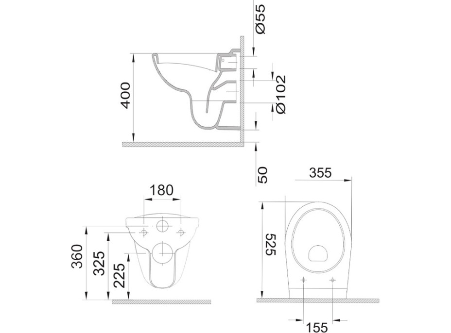 WC závesné, RIMLESS, 530x355x360, keramické, vr. sedátka