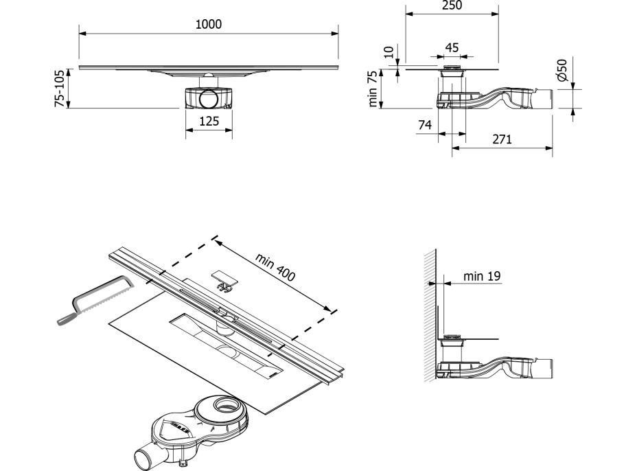 Polysan SLIM RIVER nerezový podlahový žľab s roštom, L-400-1000, DN50 RV100