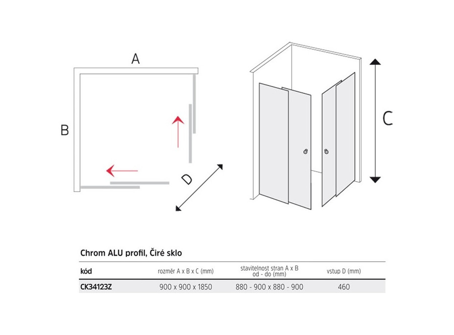 Sprchovací kút Kora Lite 90x90 cm - chróm ALU/sklo Číre