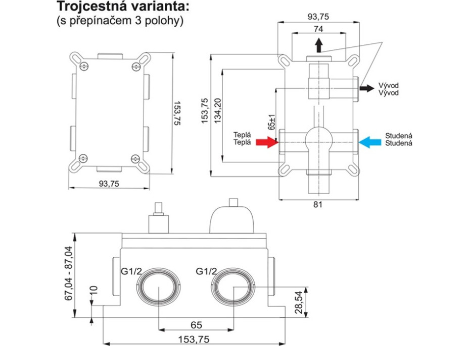 Sprchová podomietková batéria s trojcestným prepínačom, Eve, Mbox