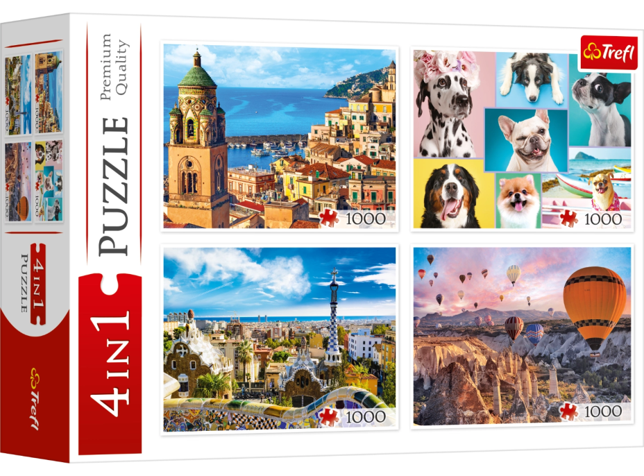 TREFL Puzzle Amalfi, Psie portréty, Balóny nad Kapadokiou a Park Güell 4x1000 dielikov