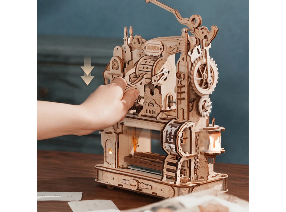 ROBOTIME Roker Svietiace 3D drevené puzzle Klasický tlačiarenský stroj 303 dielikov