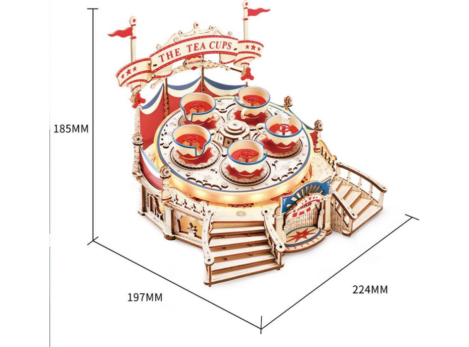 ROBOTIME Roker Svietiace 3D drevené puzzle Hracia skrinka: Vírivý tanec čajových šálok 280 dielikov