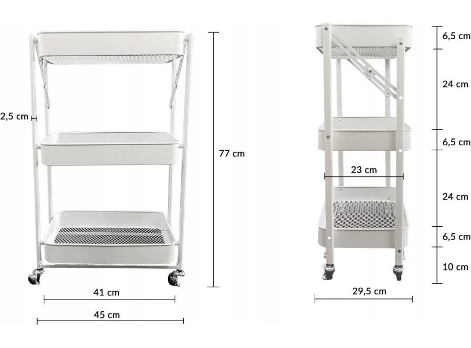 Kovový skladací kuchynský vozík 77 cm - biely