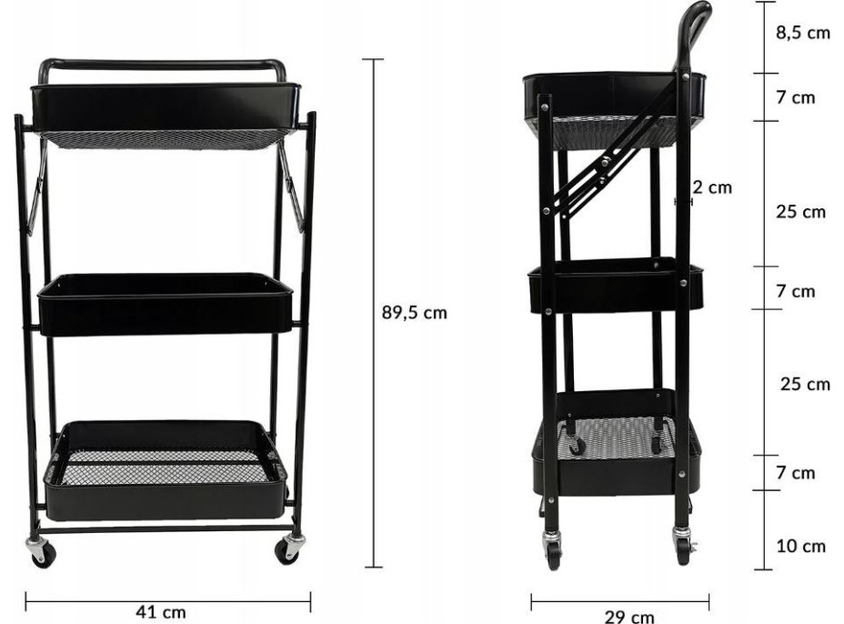 Kovový skladací kuchynský vozík 89,5 cm - čierny