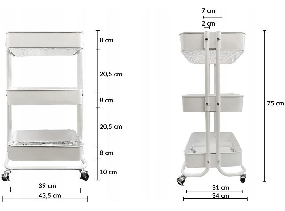 Kovový kuchynský vozík 75 cm - 3 police - biely