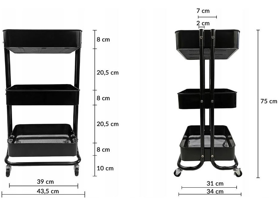 Kovový kuchynský vozík 75 cm - 3 police - čierny