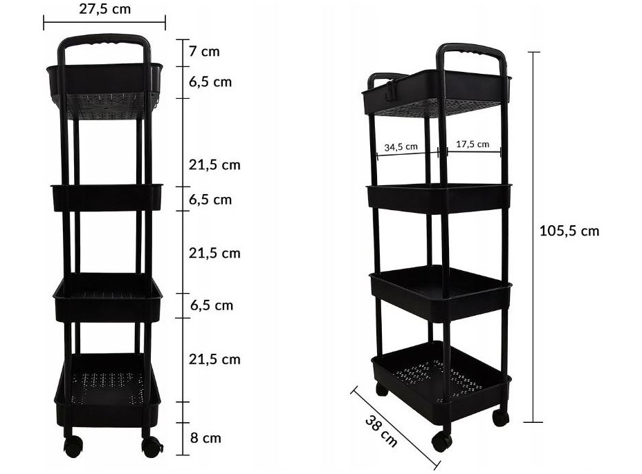 Kuchynský vozík 100 cm - 4 police - čierny