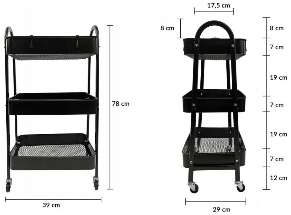 Kovový kuchynský vozík 79 cm - 3 police - čierny