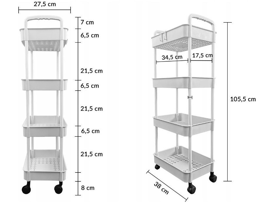 Kuchynský vozík 100 cm - 4 police - biely