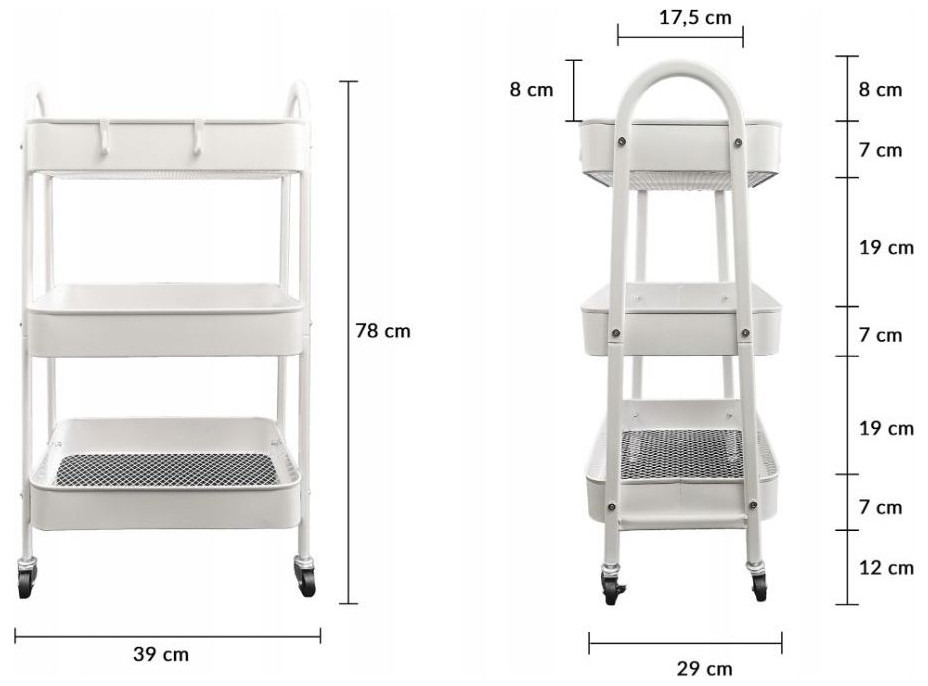 Kovový kuchynský vozík 79 cm - 3 police - biely