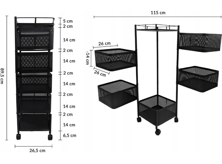 Mobilný kuchynský vozík 90 cm - 5 košov - čierny