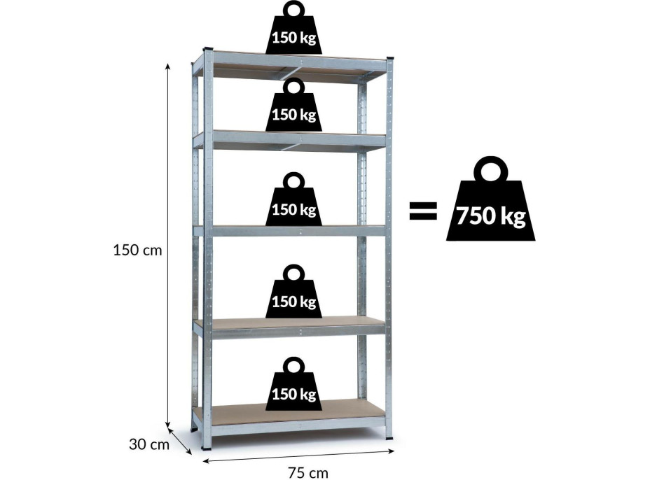 Úložný regál METAL - kovový - 75x30x150 cm - nosnosť 750 kg - ČIERNY