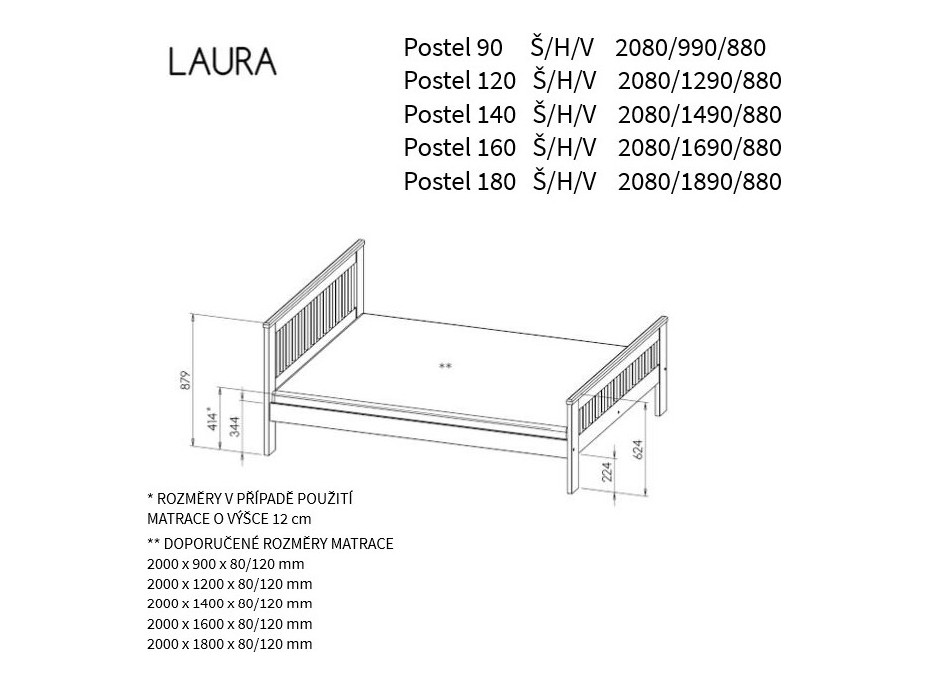 Posteľ z masívu borovice LAURA - 200x90 cm - biela