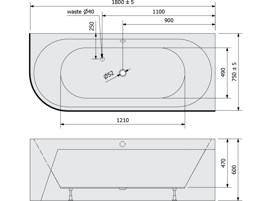 Polysan VIVA R MONOLITH asymetrická vaňa 180x75x60cm, šedá 72129M.30