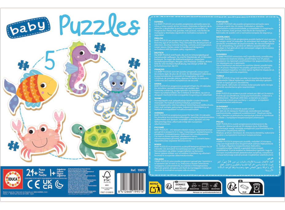 EDUCA Baby puzzle Vodné zvieratá 5v1 (3-5 dielikov)