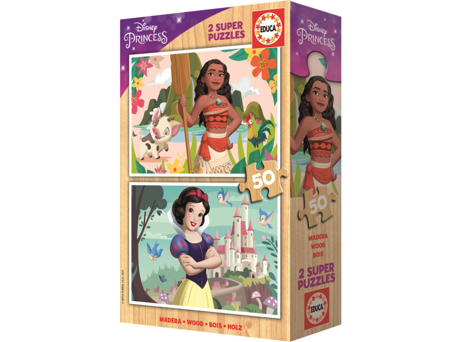 EDUCA Drevené puzzle Disney princeznej: Vaiana a Snehulienka 2x50 dielikov