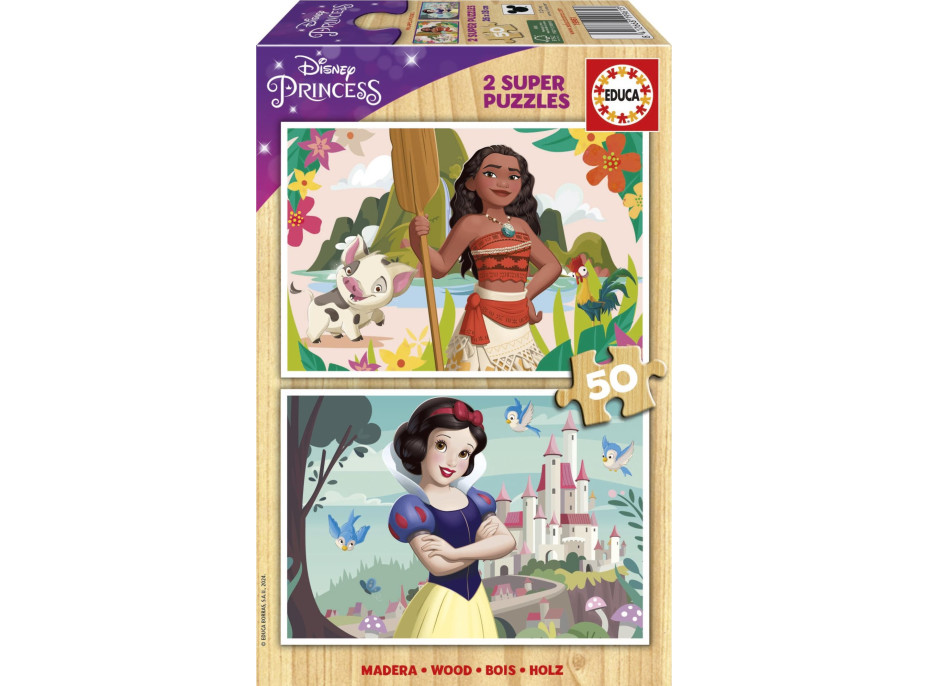 EDUCA Drevené puzzle Disney princeznej: Vaiana a Snehulienka 2x50 dielikov