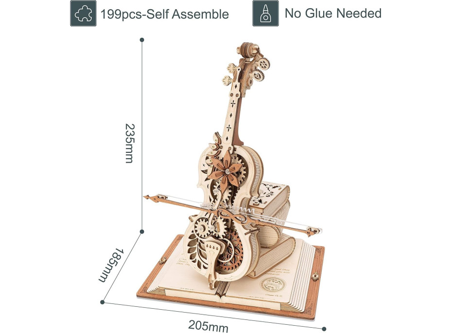 ROBOTIME Roker 3D drevené puzzle Kúzelné violončelo (hracia skrinka) 199 dielikov