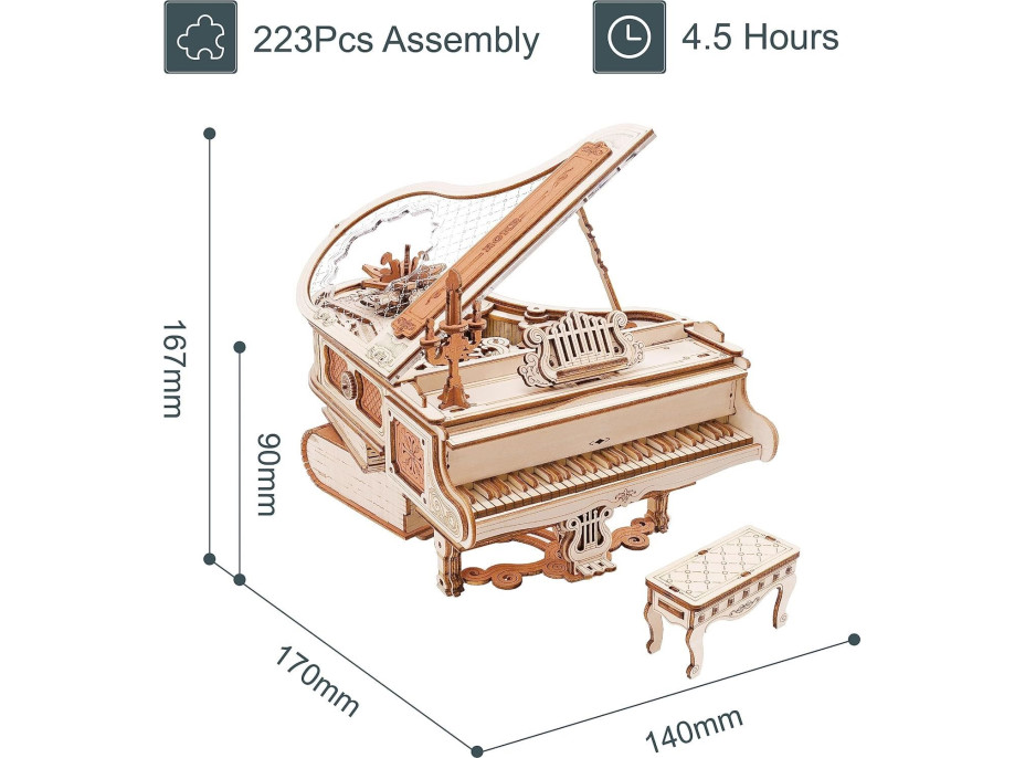 ROBOTIME Roker 3D drevené puzzle Kúzelný klavír (hracia skrinka) 223 dielikov