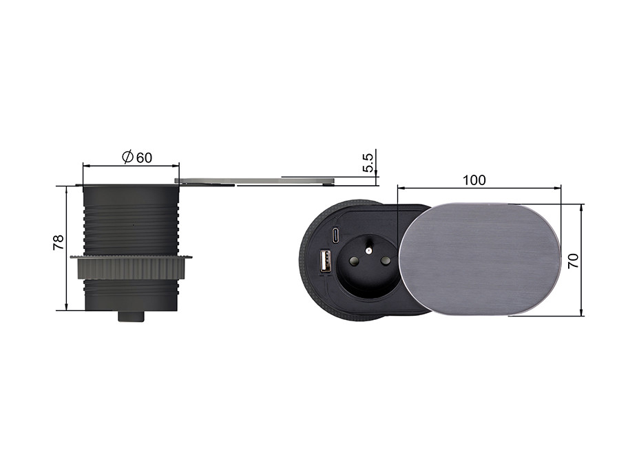 Solight 1z + USB A + C 20W PD vstavaná zásuvka s posuvným viečkom, 2m, strieborná