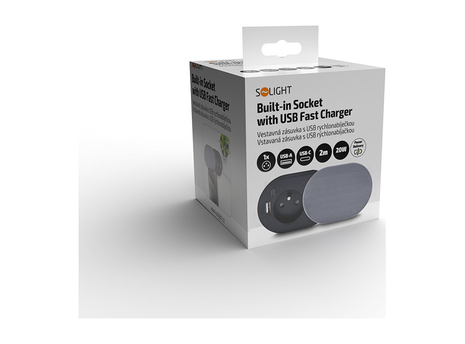 Solight 1z + USB A + C 20W PD vstavaná zásuvka s posuvným viečkom, 2m, strieborná