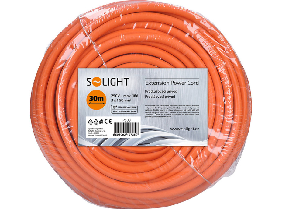 Solight predlžovací prívod - spojka, 1 zásuvka, 30 m, 3 x 1,5 mm2, oranžová